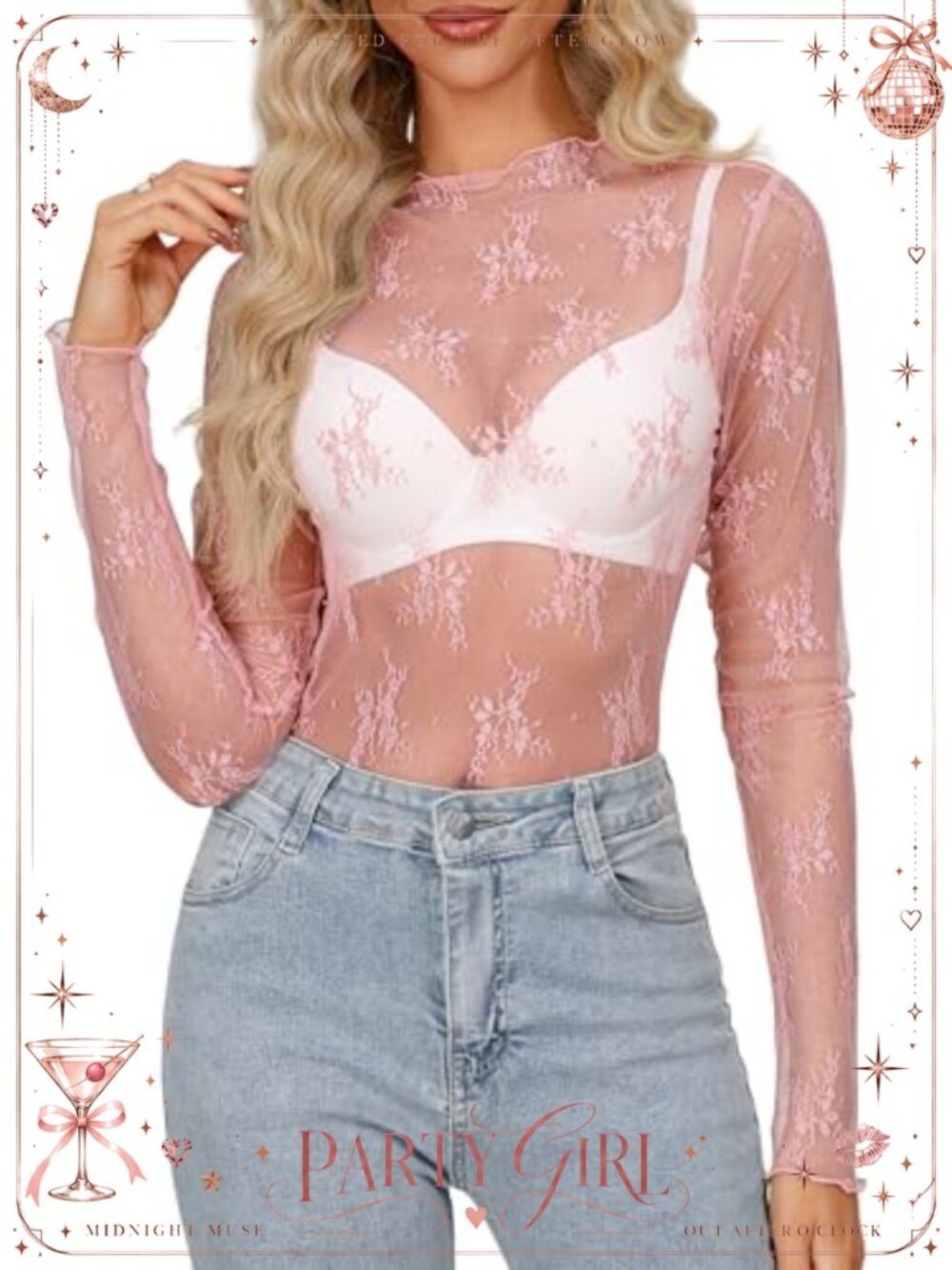 Women's Sheer Mesh Mock Neck Blouse Floral Lace Long Sleeve Y2K Layering Top